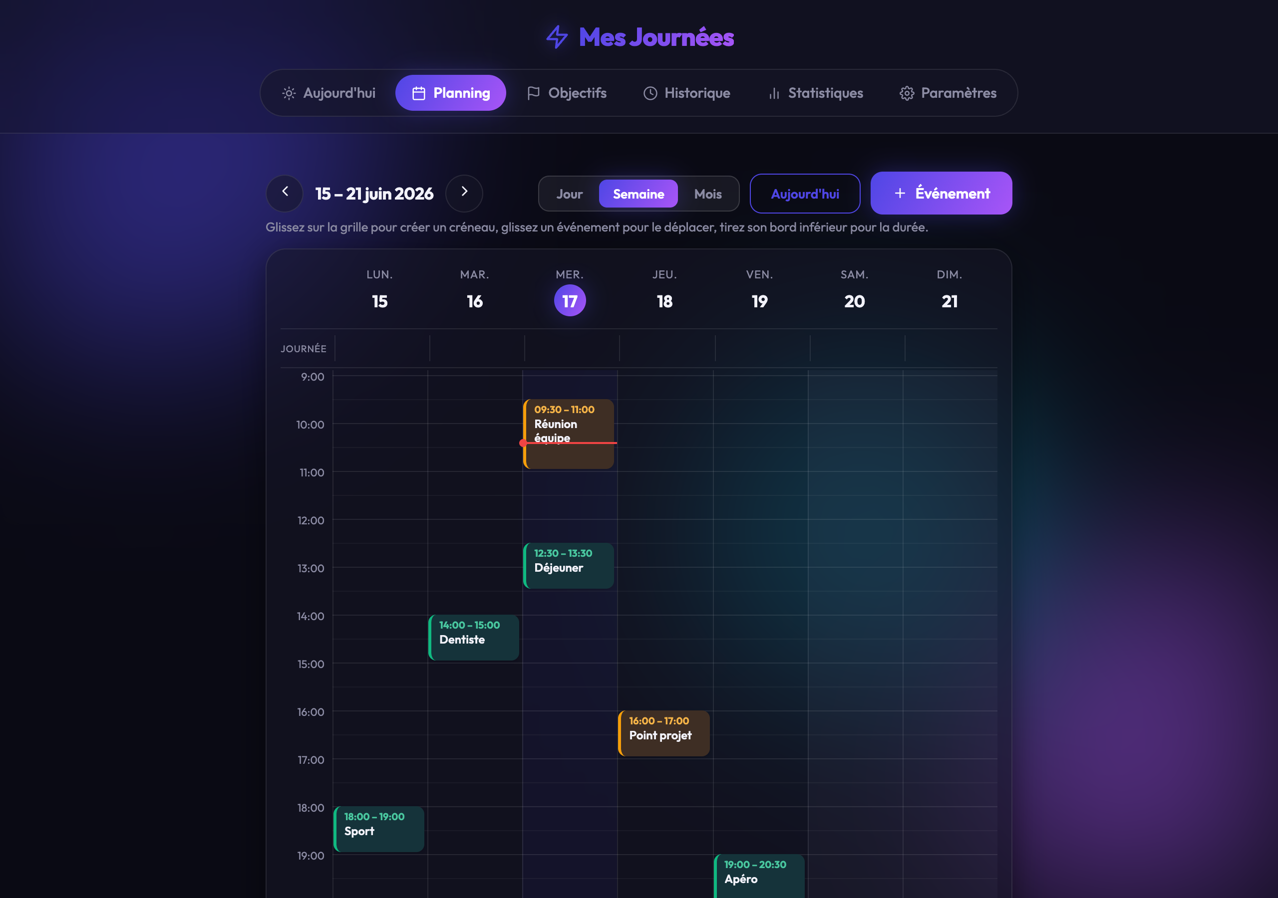 Le planning hebdomadaire de Mes Journées